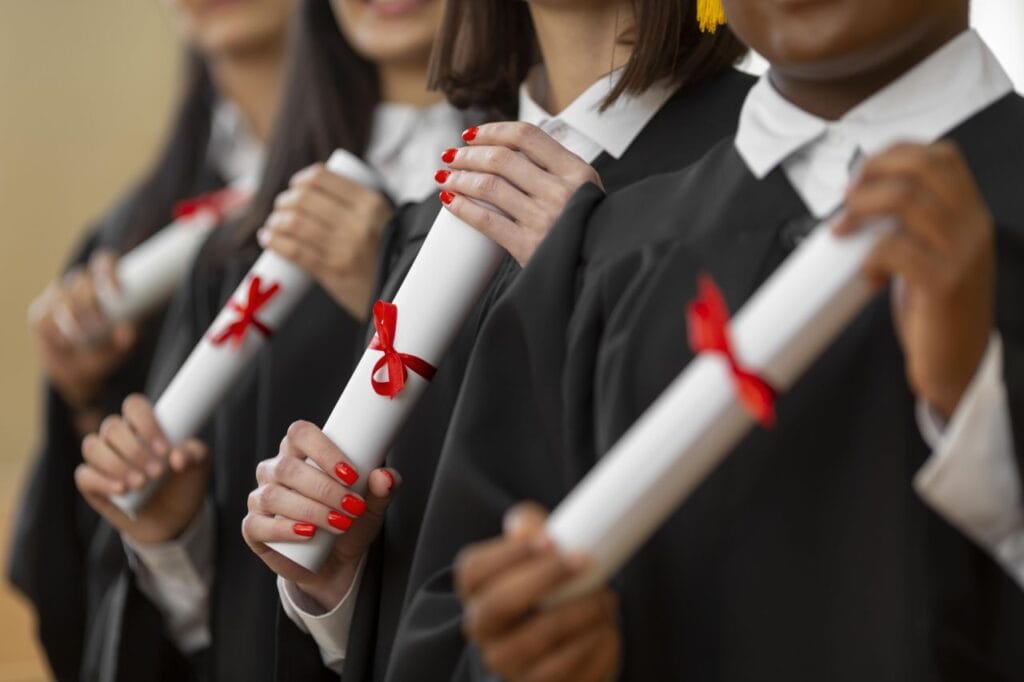 people graduating with diplomas close up